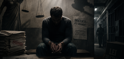 Ilustração simbólica de homem detido diante da balança da Justiça, representando medida protetiva indevida cassada pelo Tribunal