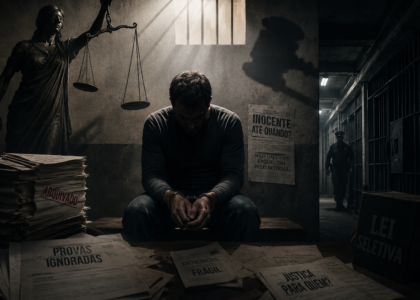 Ilustração simbólica de homem detido diante da balança da Justiça, representando medida protetiva indevida cassada pelo Tribunal