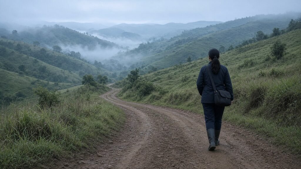 Agente comunitária de saúde de costas caminhando por estrada de chão no interior, entre morros com neblina