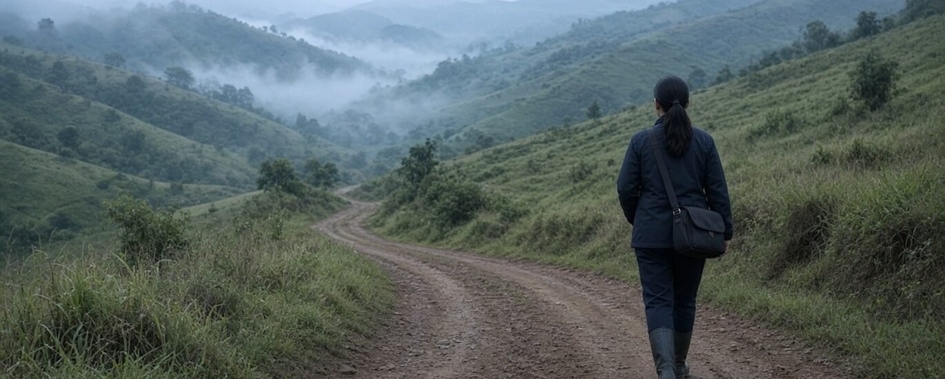 Agente comunitária de saúde de costas caminhando por estrada de chão no interior, entre morros com neblina