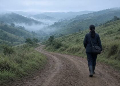 Agente comunitária de saúde de costas caminhando por estrada de chão no interior, entre morros com neblina