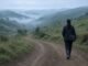 Agente comunitária de saúde de costas caminhando por estrada de chão no interior, entre morros com neblina