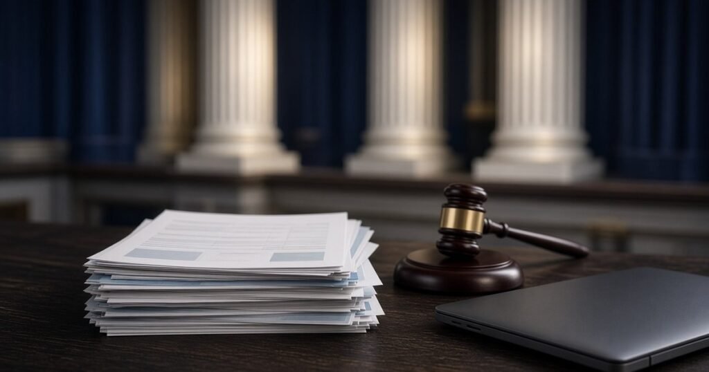 Documentos fiscais e martelo de juiz sobre mesa de fórum