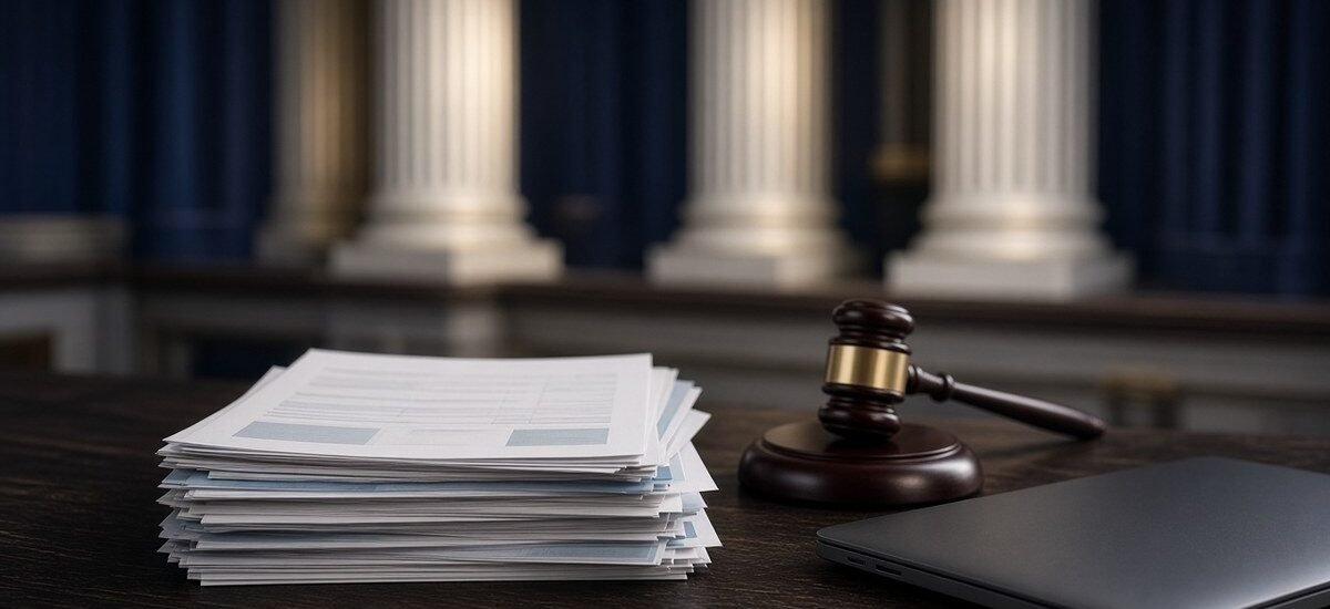 Documentos fiscais e martelo de juiz sobre mesa de fórum