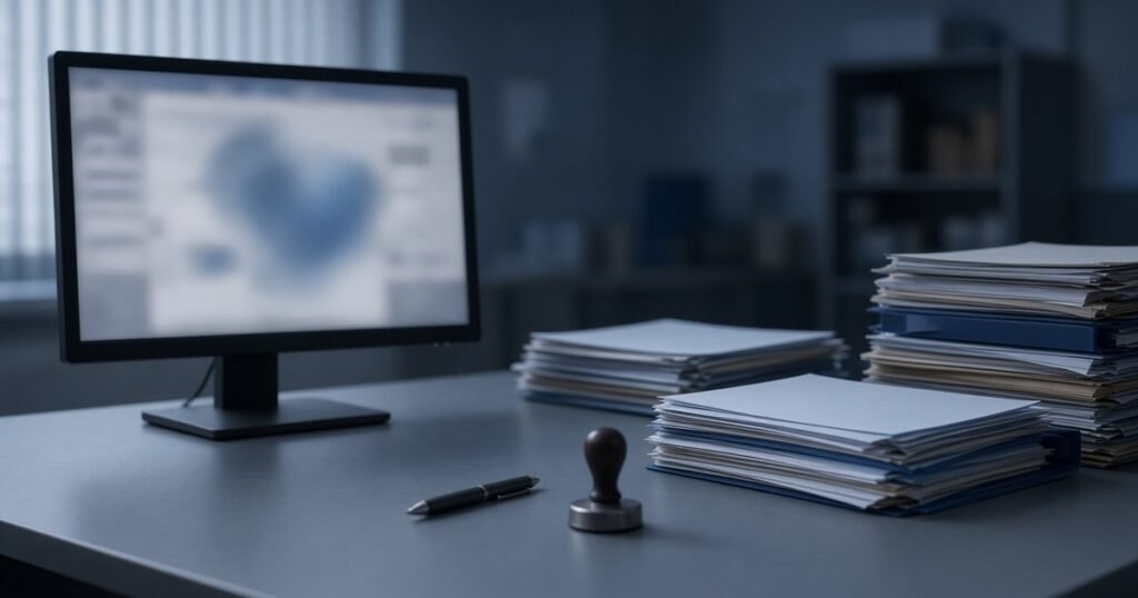 Mesa de atendimento com documentos e computador, representando o pedido de benefício no INSS