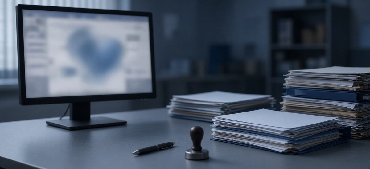 Mesa de atendimento com documentos e computador, representando o pedido de benefício no INSS