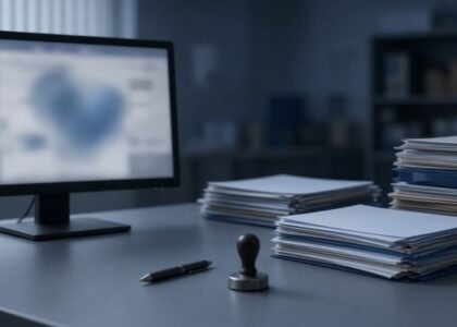 Mesa de atendimento com documentos e computador, representando o pedido de benefício no INSS