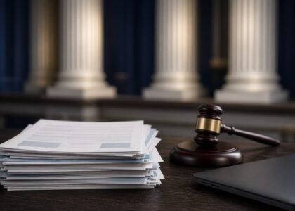 Documentos fiscais e martelo de juiz sobre mesa de fórum