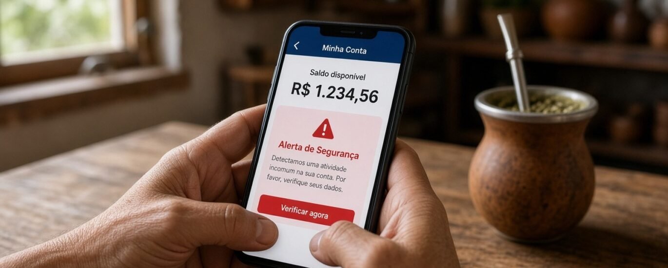 Mãos segurando celular com alerta de segurança em aplicativo bancário, com cuia de chimarrão ao fundo