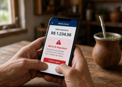 Mãos segurando celular com alerta de segurança em aplicativo bancário, com cuia de chimarrão ao fundo