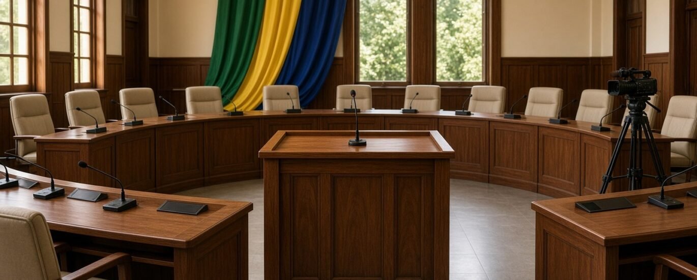 Plenário de câmara municipal vazio com tribuna de madeira e microfone em destaque