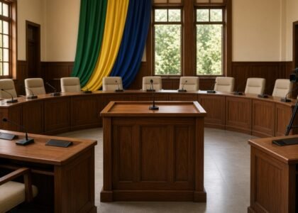 Plenário de câmara municipal vazio com tribuna de madeira e microfone em destaque