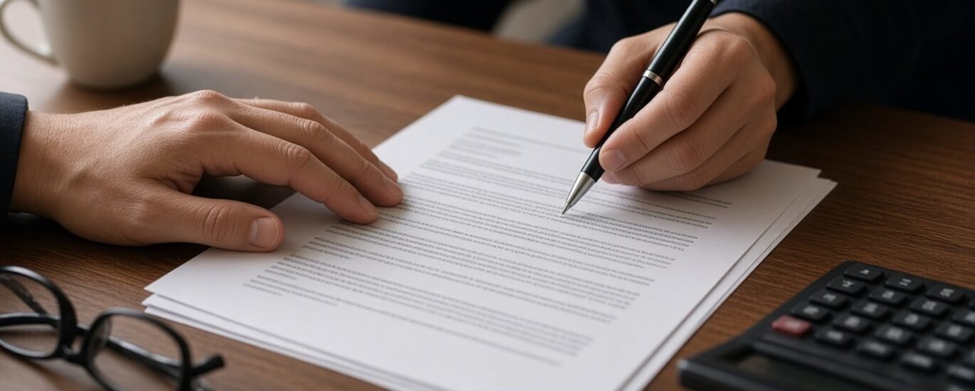 Pessoa analisando contrato de seguro em mesa de escritório