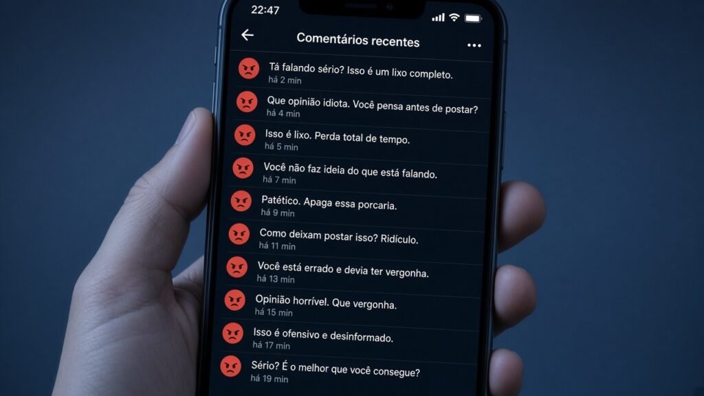 Mão segurando celular com tela cheia de comentários agressivos, em luz azul fria
