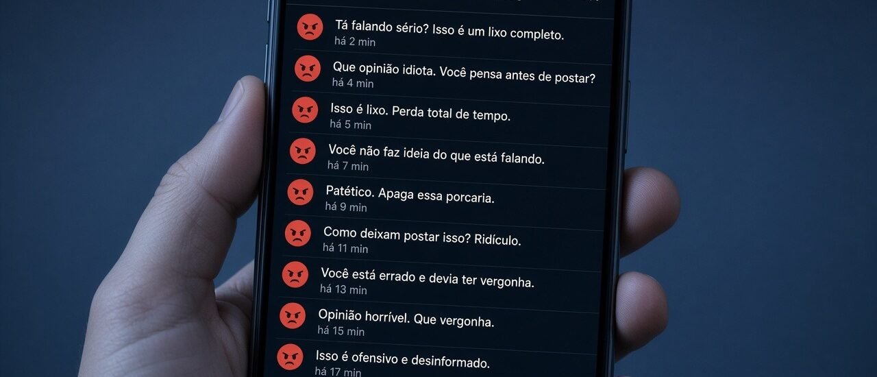 Mão segurando celular com tela cheia de comentários agressivos, em luz azul fria