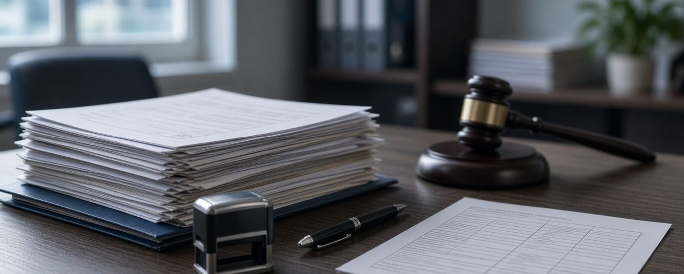Processo administrativo sobre mesa de repartição pública, com carimbo, ficha de avaliação e martelo da Justiça
