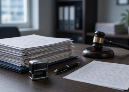 Processo administrativo sobre mesa de repartição pública, com carimbo, ficha de avaliação e martelo da Justiça